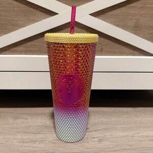 Starbucks Tumbler 24 oz 2024 Holiday Iridescent Studded Pink Gold Straw Lid